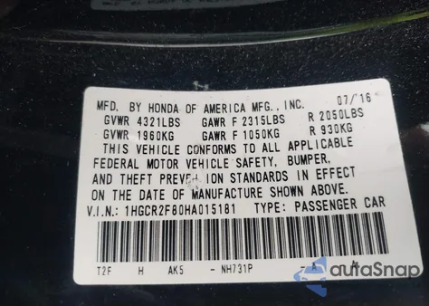 2017 Honda Accord Ex-L z USA, uszkodzony, nr VIN 1HGCR2F80HA015181